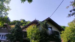 una casa con árboles delante de ella en 4 bedrooms chalet with lake view jacuzzi and furnished garden at Sibiel en Sibiel