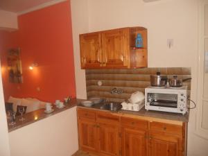 a kitchen with wooden cabinets and a microwave oven at Elli Marina Studios and Apartments in Benitses