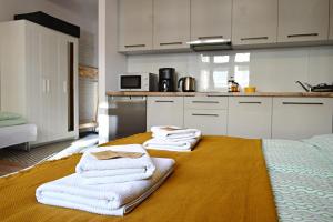 クリニツァ・ズドルイにあるForRest Apartment Krynicaのキッチン(テーブルに白いタオル付)