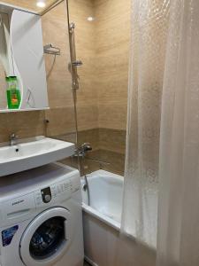 ウシンスクにあるАпартаменты на Парковой, 15Аのバスルーム(洗濯機、シンク付)