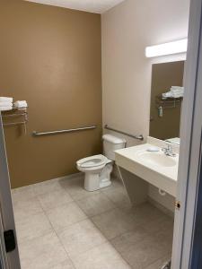 a bathroom with a toilet, sink, and mirror at Northfield Inn Suites and Conference Center in Springfield