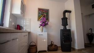 a kitchen with a black stove in the corner at Уютная квартира в тени старого дуба in Becici