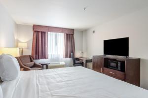 Habitación de hotel con cama y TV de pantalla plana. en Red Lion Inn & Suites Des Moines, en Des Moines