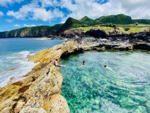 3 persone che nuotano nell'oceano su una costa rocciosa di Sea Roots "Sea Zone" a Mosteiros