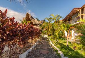 a path in front of a resort with palm trees at El Zoo Hostel, Bar & Pool in Palomino