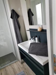 a bathroom with a sink and a mirror at Am See 90 in Seekirchen am Wallersee