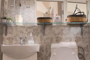 ein Badezimmer mit einem WC, einem Waschbecken und einem Spiegel in der Unterkunft Alandala Story in Cluj-Napoca