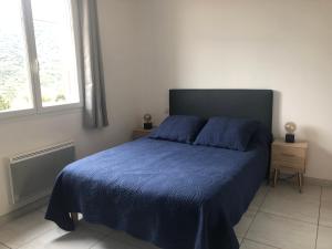 een slaapkamer met een blauw bed en 2 ramen bij Gîte San Jordi in Duilhac
