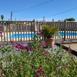 a fence with flowers in front of a pool at Team Holiday - Camping du Petit Pont in Arvert