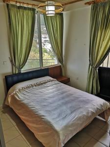 a bedroom with a large bed with green curtains at Moutoullas Mountain Views in Moutoullas