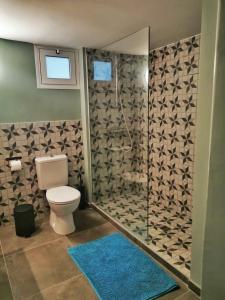 een badkamer met een toilet en een glazen douche bij Moutoullas Mountain Views in Moutoullas