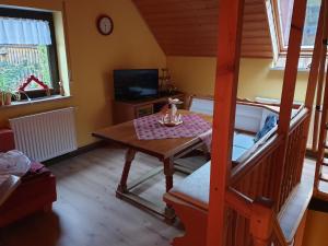 um pequeno quarto com uma mesa e uma televisão em Erzgebirgshütte em Pobershau