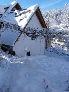 a house with snow on the roof at Erzgebirgshütte in Pobershau