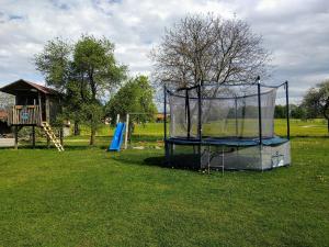 una jaula de bateo en un parque con parque infantil en Ferienwohnungen Loisenhof en Gstadt am Chiemsee