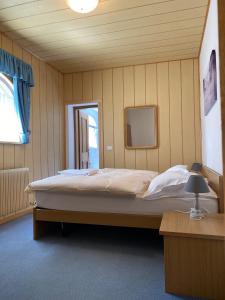 Dormitorio con cama con espejo y lámpara en Appartamento Neif de Sellaronda, en Campitello di Fassa