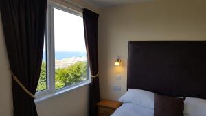 a bedroom with a window with a view of the ocean at Geckos Rest in Newquay