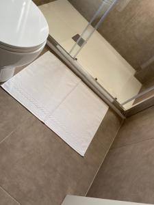 łazienka z toaletą i ręcznikiem na podłodze w obiekcie ViCo HomeSuite w mieście Milazzo