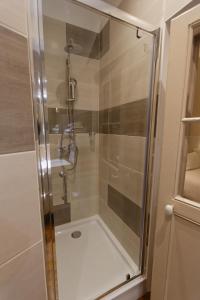 La salle de bains est pourvue d'une douche avec une porte en verre. dans l'établissement Appart'Hôtel Sainte Trinité, à Troyes