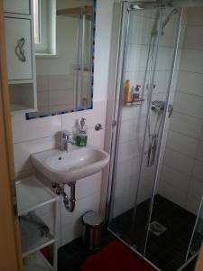 a bathroom with a sink and a shower at Haus Am Park in Bremerhaven