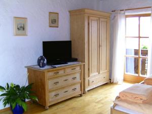 ein Schlafzimmer mit einem TV auf einer Holzkommode in der Unterkunft Ferienwohnung Schartner in Eggstätt