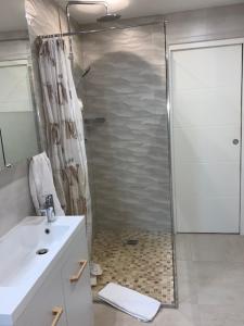 uma casa de banho com um chuveiro e um lavatório. em Coeur d'Alsace Colmar Vignobles Ouest avec terrasses em Wintzenheim