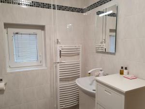 a white bathroom with a sink and a shower at Apartma Cerknica in Cerknica +22 photos