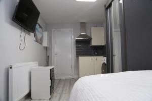 1 dormitorio con 1 cama y TV en la pared en Budget 4-Bed House in Woolwich en Londres