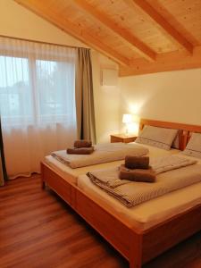 two beds in a room with a large window at Wolke 8 in Bernau am Chiemsee