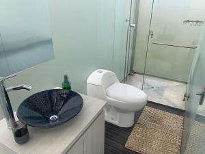 W łazience znajduje się umywalka, toaleta i prysznic. w obiekcie Glamping Cristal w mieście Guatavita