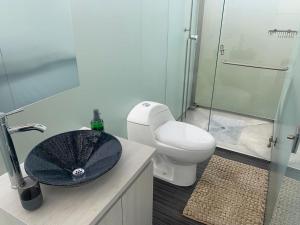 a bathroom with a sink and a toilet and a shower at Glamping Cristal in Guatavita