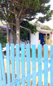uma cerca azul em frente a uma casa com uma árvore em Casa frente al Mar Aguas Verdes em Aguas Verdes