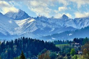 a snow covered mountain range with a town and trees at Domy na Spiszu in Czarna Góra +60 photos