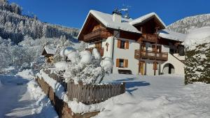 una casa cubierta de nieve junto a una valla en CHALET VILLA RITA, en Tesero