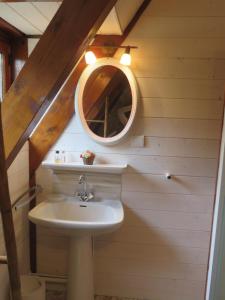 La salle de bains est pourvue d'un lavabo et d'un miroir. dans l'établissement Chalet les Eglantines, à Saint-Jacques-des-Blats