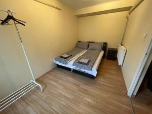ニーレジハーザにあるCity Apartmanのウッドフロアのベッドルーム1室(ベッド1台付)