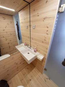 a bathroom with a white sink and wooden walls at Hausboot Geiselruh in Braunsbedra