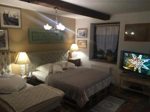 a living room with two beds and a television at Apartmán Vrchlice in Kutná Hora