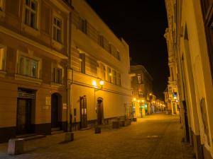 une rue urbaine vide la nuit avec des bâtiments dans l'établissement Malasits Art Home, à Győr