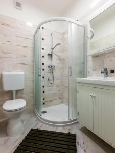 La salle de bains est pourvue d'une douche, de toilettes et d'un lavabo. dans l'établissement Malasits Art Home, à Győr