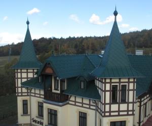 uma casa velha com torres em cima em Hotel Švýcarský dům em Sněžnik