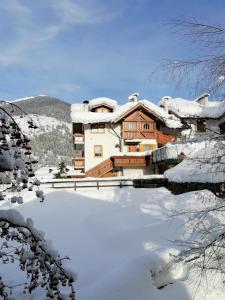 a house in the snow with a pond in front at Casa Bamby in Cogolo