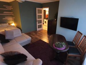 sala de estar con sofá y TV en Shokolade, en Ventspils