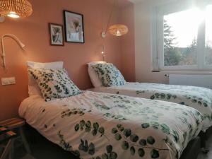 1 dormitorio con 2 camas y ventana en Maison avec garage, terrasse, l'Herboristerie, en Béthune