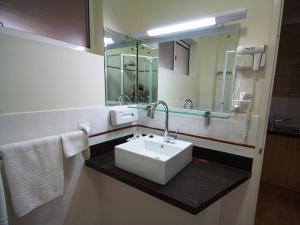 a bathroom with a shower, sink, and mirror at Aston Hill Motor Lodge in Port Macquarie