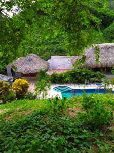 a swimming pool in a yard with a straw roof at Hostal Recuerdos del Tayrona in El Zaino