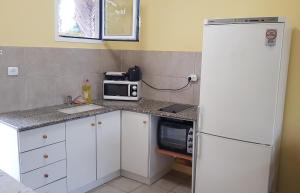 a kitchen with a white refrigerator and a microwave at Holiday garden apartment in Caesarea