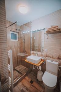 a bathroom with a toilet and a shower and a sink at Casa DAnto in Şelimbăr