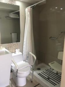 a bathroom with a toilet, sink and shower at Hotel Boutique Reyall in Santiago