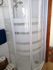 a shower with a glass door in a bathroom at Auténtica vivienda de pescadores en primerísima línea de playa in Villajoyosa