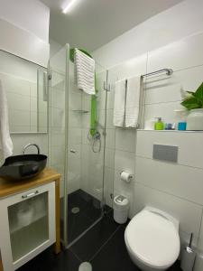 un bagno con wc e doccia in vetro di Central Boutique Hotel a Gerusalemme